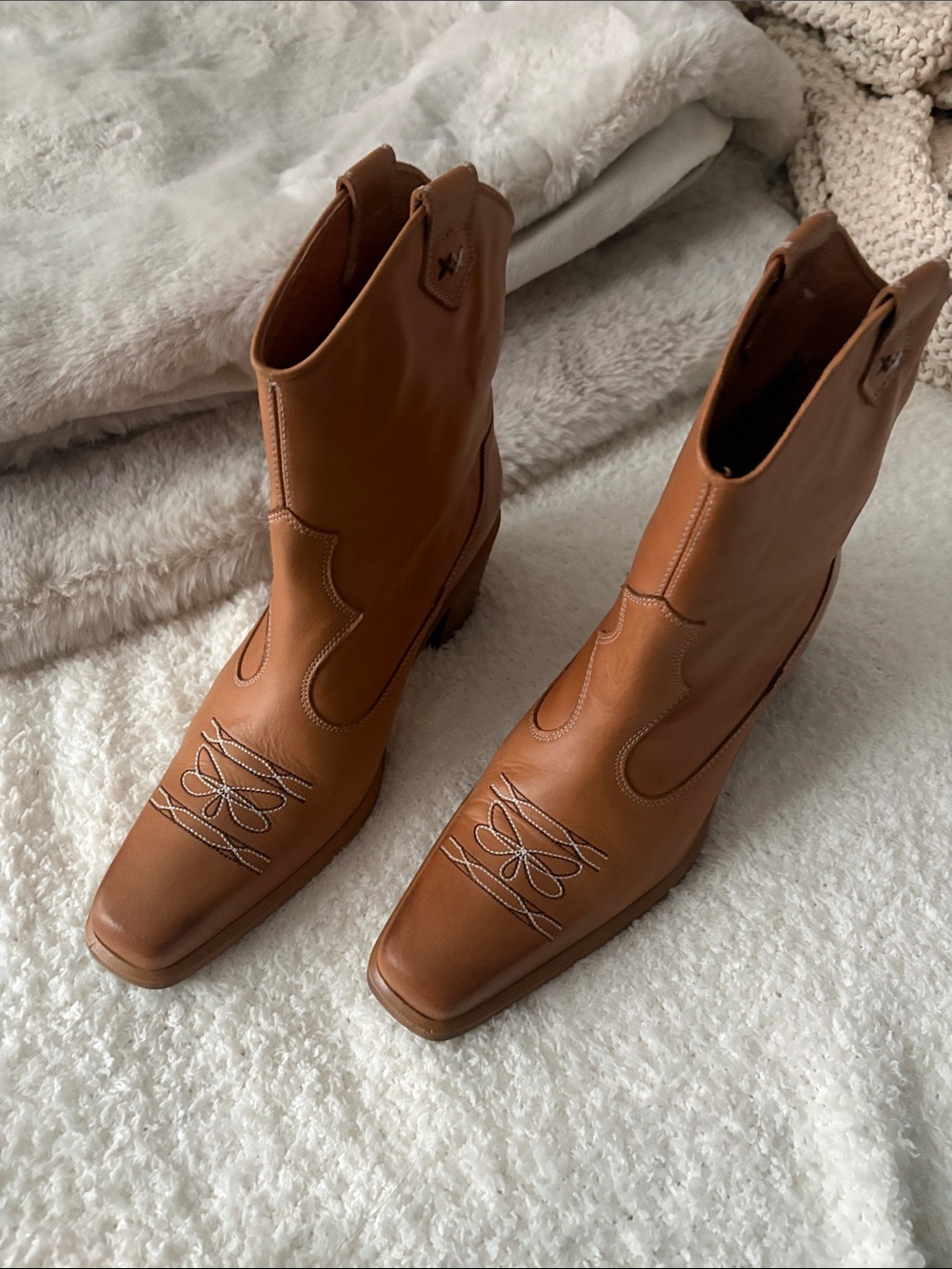 Free People Tan Leather Western Booties worn once made in Portugal